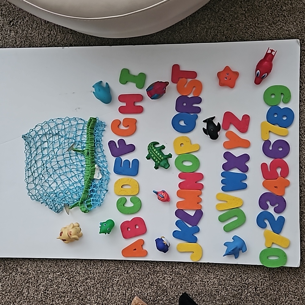 Various bath toys with suction cup bag